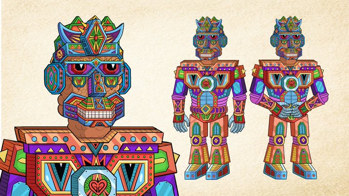 An artistic illustration displaying colorful, geometric tribal-style robot figures with three views: a close-up face, and two full-body standing poses.