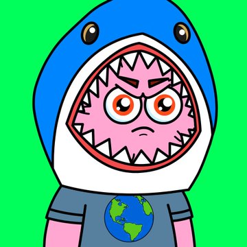 A cartoon character wearing a blue shark hoodie with an Earth shirt stands against a green background.