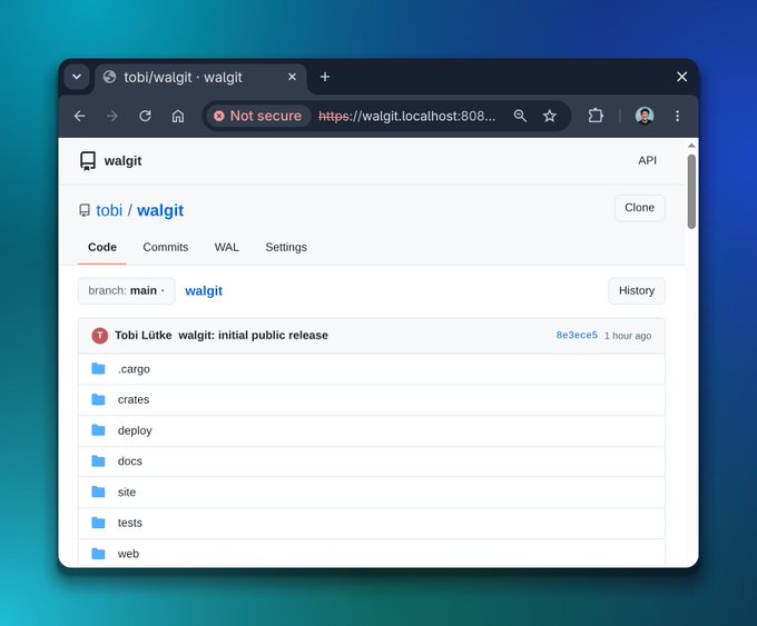 A screenshot of the walgit (Nostr Git) repository hosted at walgit.localhost:8088, showing its initial public release by Tobi Lütke with folders like `.cargo`, `crates`, `deploy`, and `docs`. The image visually supports the post's question about whether Nostr-based solutions like Blossom or Hashtree could replace S3 for decentralized git storage, as walgit appears to be a working implementation of Nostr git.