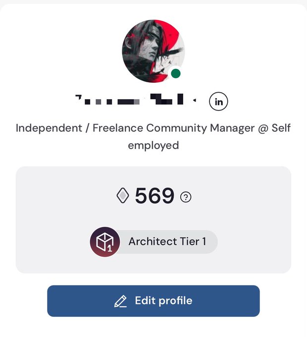 A profile page showing an 'Independent / Freelance Community Manager @ Self employed' with 569 points and an 'Architect Tier 1' badge, featuring a LinkedIn icon and an 'Edit profile' button.