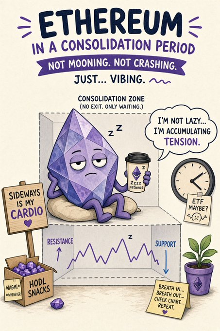 A cartoon illustration titled 'ETHEREUM IN A CONSOLIDATION PERIOD' with the subtitle 'NOT MOONING. NOT CRASHING. JUST... VIBING,' depicting a bored-looking purple Ethereum crystal character sitting in a 'CONSOLIDATION ZONE' holding a coffee cup.