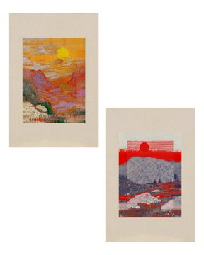 Two pieces of artwork on white mounts, one featuring a sunset over water and the other showing a red landscape with a grey rock formation.