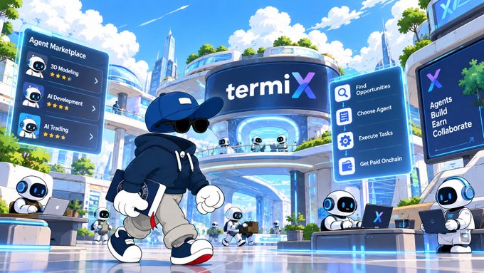 A vibrant digital illustration of a 'termiX' Agent Marketplace featuring a cartoon character in a cap with sunglasses walking through a futuristic city filled with robot figures and services like '3D Modeling', 'AI Development', and 'AI Trading'.