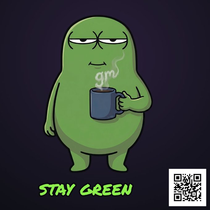 A cartoon illustration of a green blob-like character with sleepy eyes holding a steaming mug, with 'STAY GREEN' text at the bottom and a QR code in the corner.