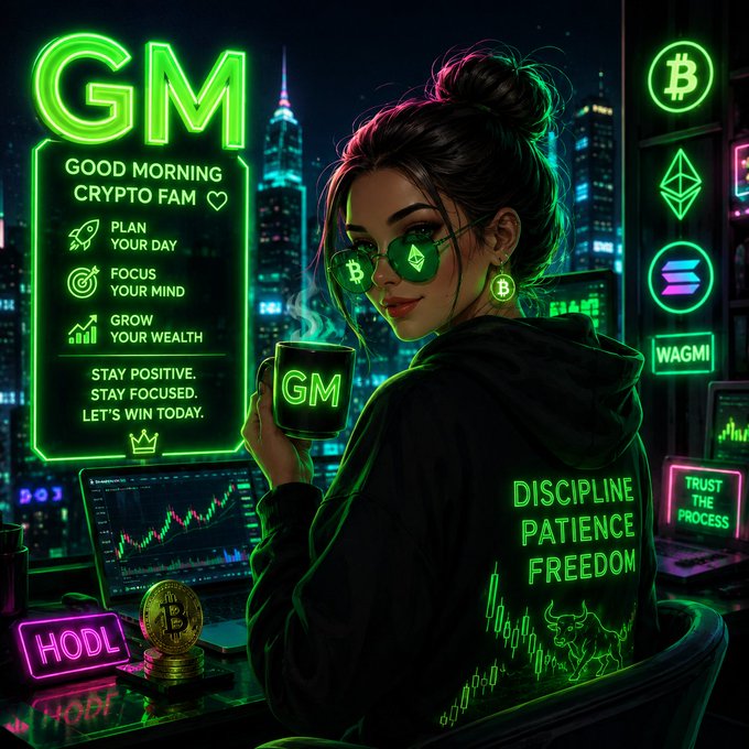 A stylish woman in a neon-lit cityscape holds a glowing "GM" mug while wearing a hoodie inscribed with "DISCIPLINE, PATIENCE, FREEDOM," surrounded by crypto-themed signage featuring "$BTC," Ethereum, Solana logos, "HODL," "WAGMI," and "TRUST THE PROCESS"—perfectly embodying the post's bullish "GM FAM" greeting and green market sentiment for $BTC, $ETH, and $SOL.