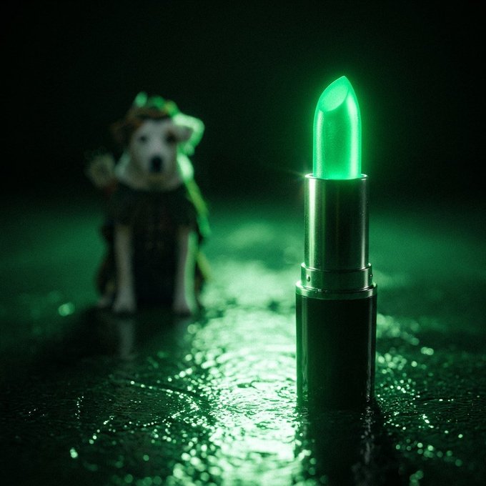 A glowing green bullet-shaped object stands upright in the foreground, illuminated against a dark background, with a small blurred figurine of a white dog in the distance. The eerie green glow and bone-shaped bullet visually echo the "$WISHBONE" meme, symbolizing a single powerful wish or deal sealed with a literal wishbone-bullet motif.