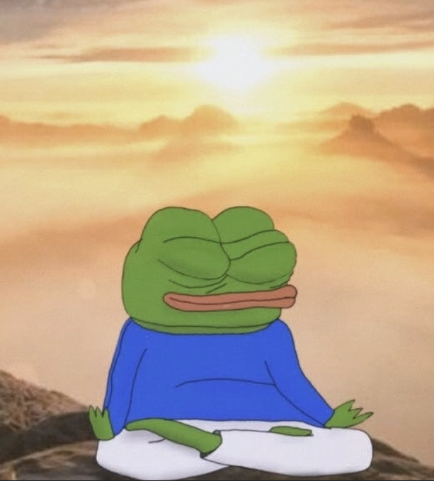 The image features a cartoon frog sitting cross-legged with his eyes closed, appearing to meditate or pray. The background shows a sunset over mountains, creating a serene atmosphere. The caption above the image reads "when this dust settles and we've calmed down a bit, neet will outperform again, just as it has done the last 12 months this time it' s run won't be hampered by a bear market but will be helped on its way by the sails of the new bull market nwo". The image seems to convey a message about finding inner peace and tranquility amidst changing market conditions.