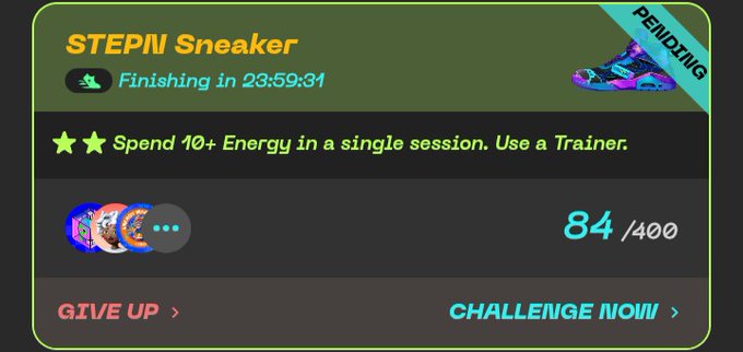 The image shows a screenshot of an online sneaker shopping platform, where a user's progress is displayed. The screen displays information about the user's current activity, including their energy level, the number of steps taken, and the time remaining for completing the session. There are also two pairs of sneakers on display in the background, one blue and one pink, which could be part of the challenge or a special offer.