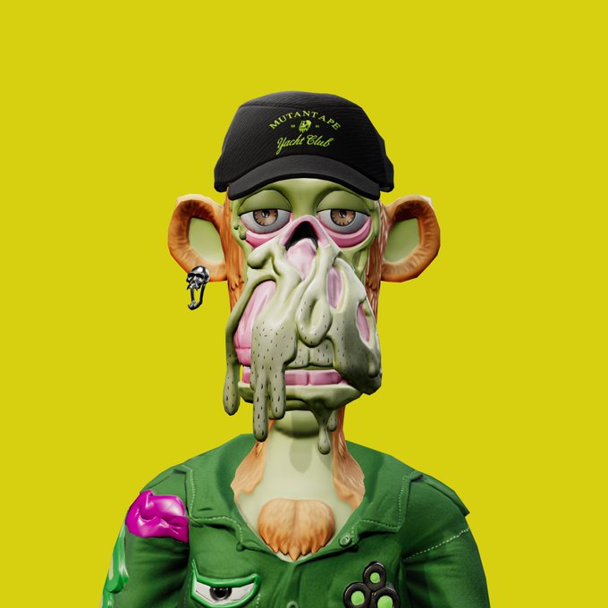 A 3D-rendered cartoon figure with green skin, large ears, and a melting face wears a black cap reading "MUTANTAPE Yacht Club" and a green shirt against a bright yellow background.