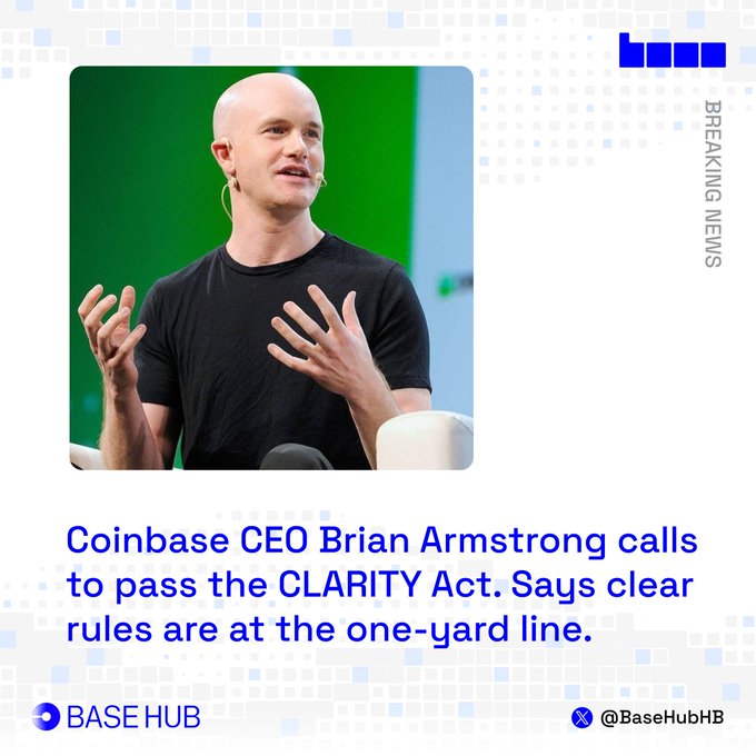 The image shows Coinbase CEO Brian Armstrong speaking at an event, gesturing with both hands raised while wearing a black t-shirt and ear-piece microphone. The accompanying post aligns with the visual, featuring text about Armstrong calling for the passage of the CLARITY Act, stating that clear crypto regulatory rules are "at the one-yard line."