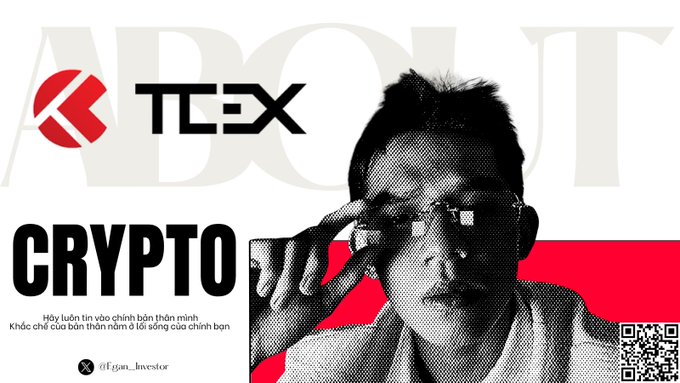 A black and white promotional image about 'CRYPTO' warning viewers about investing, featuring a man in pixelated sunglasses with a QR code.