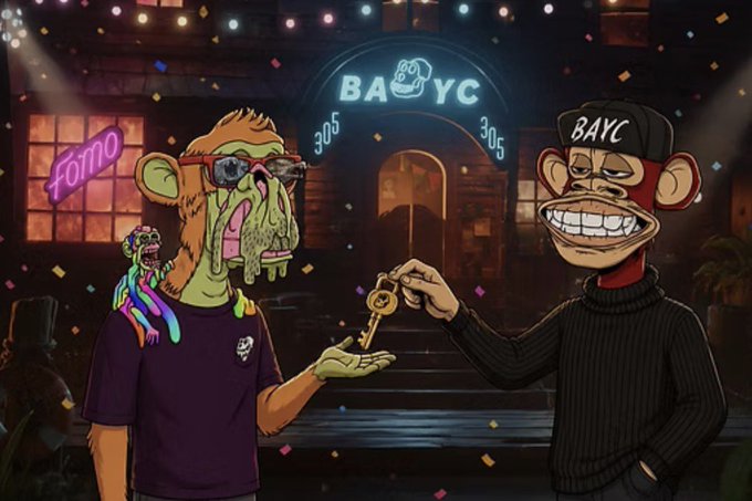 A Bored Ape Yacht Club (BAYC) member on the right wearing a BAYC cap hands a golden key to a multi-colored, rainbow-dripping mutant ape on the left, symbolizing a leadership transition with text reading "BAYC," "305," and "FOMO" displayed on a neon-lit, confetti-filled backdrop. The golden key represents the "new horizons" and "new leader" theme of the post, illustrating the symbolic handover of the metaverse's digital economy.