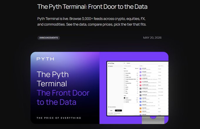 The image features a webpage promoting the PyTH Terminal software, which allows users to build web3 protocols without having to waste time on corporate sales calls or dealing with legacy market data providers. The post emphasizes that PyTH Terminal removes the friction of accessing live feeds across various cryptocurrencies and equities, as well as trading CFDs and options - all from a single dashboard. Additionally, it highlights how PyTH Terminal can be used by beginners due to its straightforward approach in comparison to other platforms like Bitcoin Liquidity Network or CoinMarketCap.