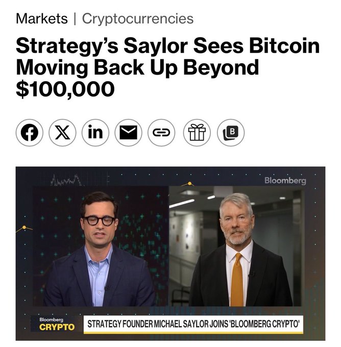 A Bloomberg "Crypto" segment shows Strategy founder Michael Saylor, known for his aggressive Bitcoin purchases, predicting Bitcoin will rise above $100,000—a headline that supports the post's sarcastic observation that a prominent Bitcoin bull unsurprisingly forecasted higher prices.