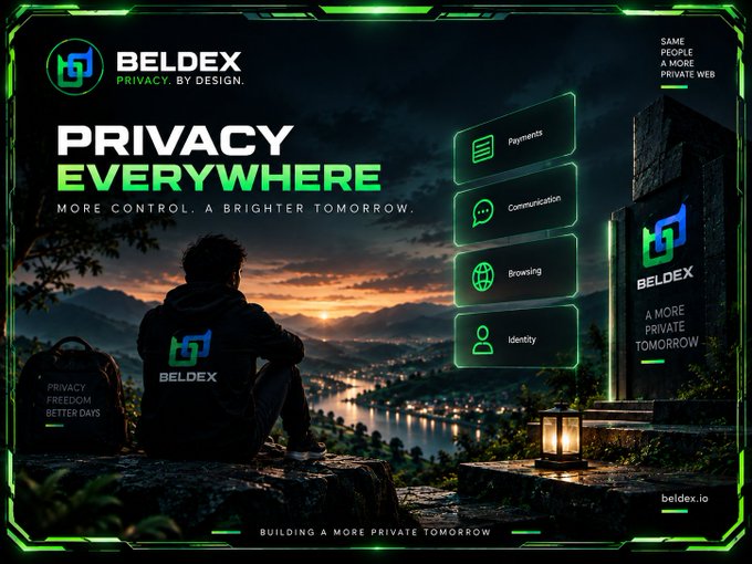 An advertisement for 'BELDEX' promotes 'PRIVACY EVERYWHERE' with a person overlooking a sunset valley and graphics highlighting Payments, Communication, Browsing, and Identity.