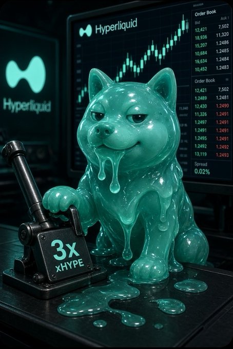A 3D rendering of a glossy teal cat figurine pulling a lever labeled '3x xHYPE' in front of a screen displaying the Hyperliquid logo and an order book.