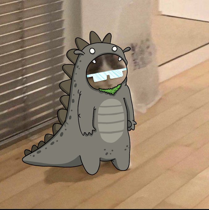 Cartoon illustration of a small grey Godzilla-like character wearing reflective sunglasses.