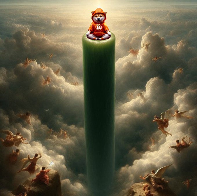 A Shiba Inu wearing an orange "$DOG" hoodie sits atop an impossibly tall green pillar in the clouds, with cherubs and figures floating among the surrounding heavens, visually symbolizing the "diamond-handing" mindset and lofty aspirations of $DOG holders reaching for the biggest wins.