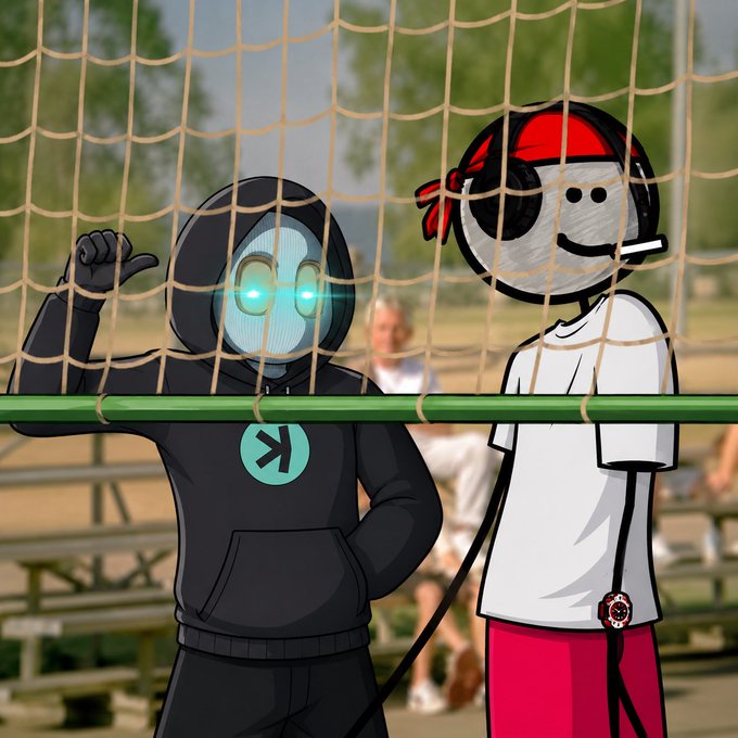 Two cartoon characters—one in a black hoodie with glowing goggles and a teal logo, the other wearing a red bandana, oversized headphones, a white shirt, and red shorts—pose behind a volleyball net in a park setting. The image playfully suggests a friendly competition or "volleyball match" between crypto communities, tying into the post's giveaway across the $KAS, $CATE, and $SOL communities.