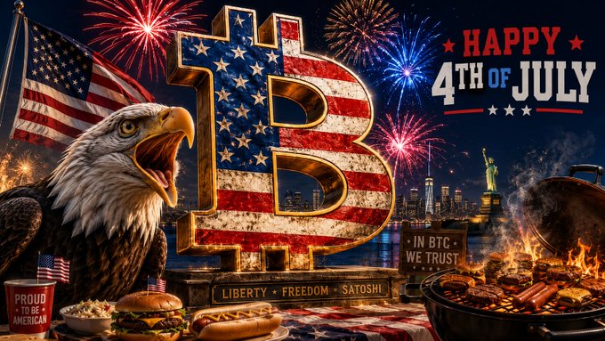 A patriotic 4th of July graphic featuring a bald eagle, American flag, fireworks, and a city skyline, centered around a large "B" filled with the U.S. flag pattern and the text "HAPPY 4TH OF JULY," "IN BTC WE TRUST," and "LIBERTY • FREEDOM • SATOSHI," celebrating Bitcoin's price growth over Independence Days from 2013 to 2026 in line with the post's "HODL" message.