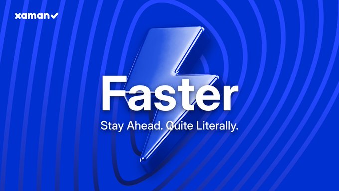 A blue promotional advertisement for Xaman featuring a stylized lightning bolt with the text 'Faster' and tagline 'Stay Ahead. Quite Literally.'