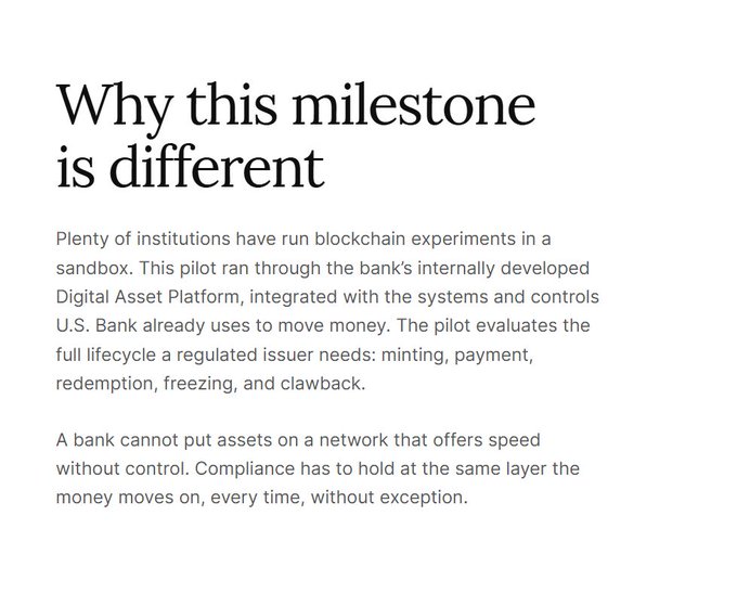 A plain white article page titled 'Why this milestone is different,' discussing a blockchain pilot using a U.S. bank's Digital Asset Platform for minting, payment, redemption, freezing, and clawback while maintaining compliance.