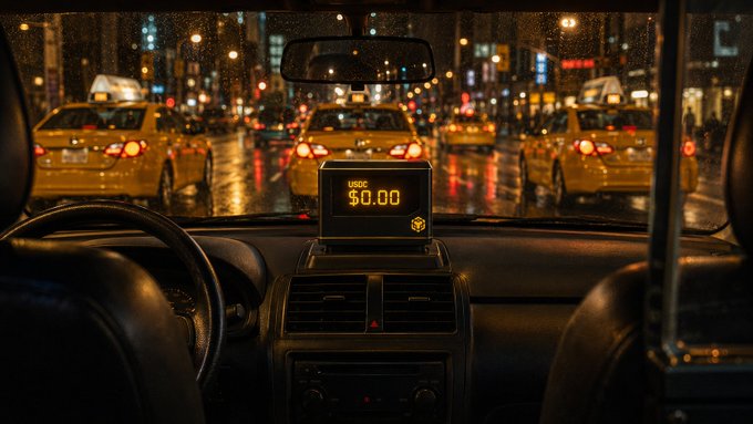 A nighttime view from inside a taxi shows a meter displaying "00.00" amid a busy city street filled with other yellow cabs and rain-slicked pavement. The image metaphorically illustrates the post's message about zero-fee gas coverage across various networks, emphasizing that while costs are "running," they currently remain at zero.