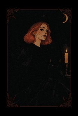 Dark, ornate gothic-style illustration of a red-haired woman in a black dress beside a lit candle, framed by decorative corners and a crescent moon.