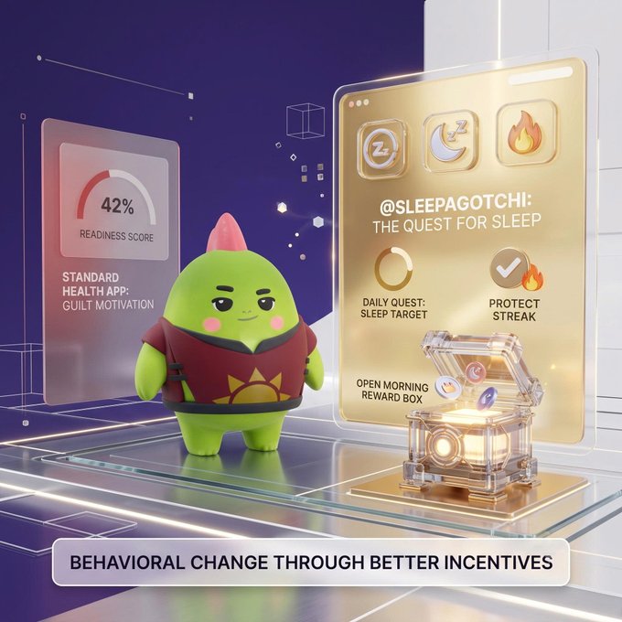 A promotional graphic for "@SLEEPAGOTCHI: THE QUEST FOR SLEEP" featuring a cute green character in a red shirt standing next to a treasure chest, with panels showing a "42% READINESS SCORE" labeled "STANDARD HEALTH APP: GUILT MOTIVATION" and daily quests including "SLEEP TARGET" and "PROTECT STREAK", captioned "BEHAVIORAL CHANGE THROUGH BETTER INCENTIVES".