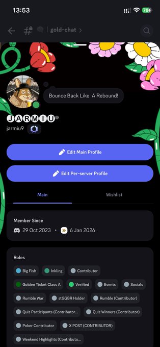 A Discord profile screenshot for user 'jarmiu' in the #gold-chat server, showing member since 29 Oct 2023, with roles including Big Fish, Inking, Contributor, Golden Ticket Class A, Verified, and Events.