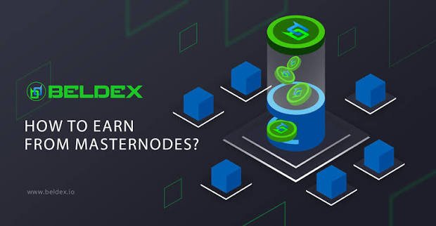 A Beldex promotional graphic titled 'HOW TO EARN FROM MASTERNODES?' featuring a 3D illustration of blue cubes connected to a central cylindrical token dispenser with green coins.