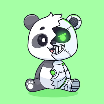 A cartoon illustration of a cybernetic panda with one glowing green eye and robotic body parts on a bright green background.