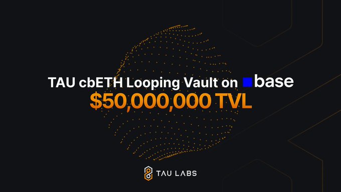 A promotional graphic from TAU Labs announcing 'TAU cbETH Looping Vault on Base' reaching '$50,000,000 TVL' against a dark background with orange accent dots.