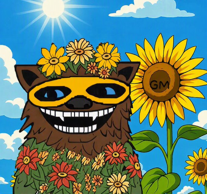 A furry brown creature with a wide toothy grin, wearing a yellow mask and a floral shirt, stands beside a sunflower labeled 'GM' under a bright sun.