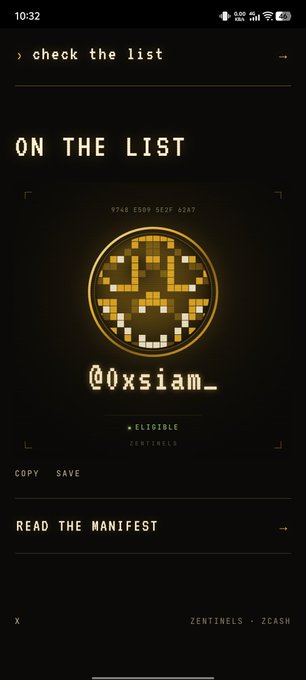 A mobile screenshot showing a cryptocurrency Zentinels 'ON THE LIST' page with a pixelated coin icon for the address '@0xsiam_' and options to 'check the list', 'COPY', 'SAVE', and 'READ the MANIFEST'.