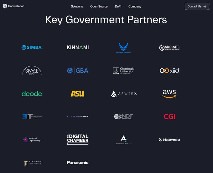 A webpage from Constellation displaying 'Key Government Partners' featuring logos including SIMBA, KINNAMI, U.S. Air Force, SBIR-STTR, SPACE ISAC, GBA, Chaminade University, xiid, dcode, ASU, AFWERX, AWS, 3T, Forward Edge, NDF, CGI, National DigiFoundry, Digital Chamber, Authentic8, Mattermost, Blockchain, and Panasonic.