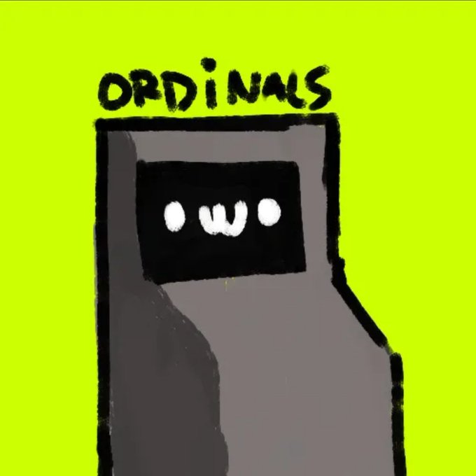 A simple digital drawing on a bright yellow background with the word 'ORDINALS' written above a grey figure with glowing white eyes.