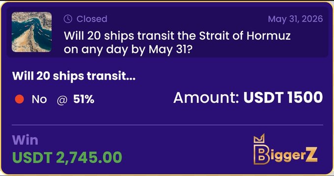 The image shows a purple background with white text. The main content of the image is an email message from someone named Biggerztrends. They are discussing the shipping industry, specifically about ships transporting goods across the Strait of Hormuz. The message includes information about the amount of USDT 1500 that they have won in this discussion and a link to their website for more details on the topic.