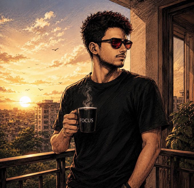 A digital illustration of a man wearing red sunglasses and a black t-shirt, holding a mug labeled 'FOCUS' while standing on a balcony overlooking a cityscape at sunset.
