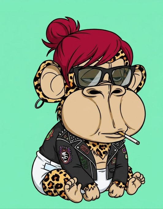 A cartoon illustration of a baby monkey or ape wearing a black leather jacket with patches, leopard print sunglasses on its head, and a cigarette in its mouth, set against a green background.