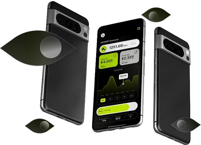 A product display showing three smartphones in dark gray cases, with the center phone displaying a financial app 'Account Overview' showing a balance of 1251.68 ACU, $4,651, and a $2.33 fee, surrounded by floating eye-shaped design graphics.