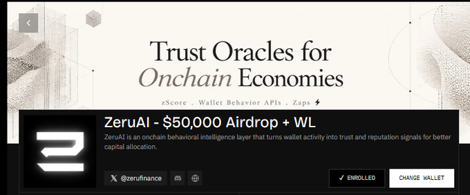 A webpage displaying 'Trust Oracles for Onchain Economies' with information about zScore, Wallet Behavior APIs, and Zaps, alongside an airdrop promotion for ZeruAI ($50,000 Airdrop + WL) with an enrolled status indicator.