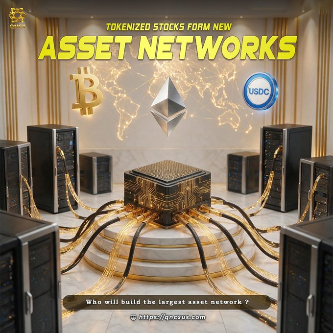 A futuristic blockchain network of servers and glowing connections displays Bitcoin, Ethereum, and USDC beneath the headline “TOKENIZED STOCKS FORM NEW ASSET NETWORKS.” The image highlights how tokenized securities and digital assets could create new cross-chain networks, ending with “Who will build the largest asset network?” and “qncxus.com.”