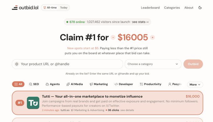 The outbid.lol website homepage showing 'Claim #1' available for $16,005 with categories like SEO, Marketing, and Developer.