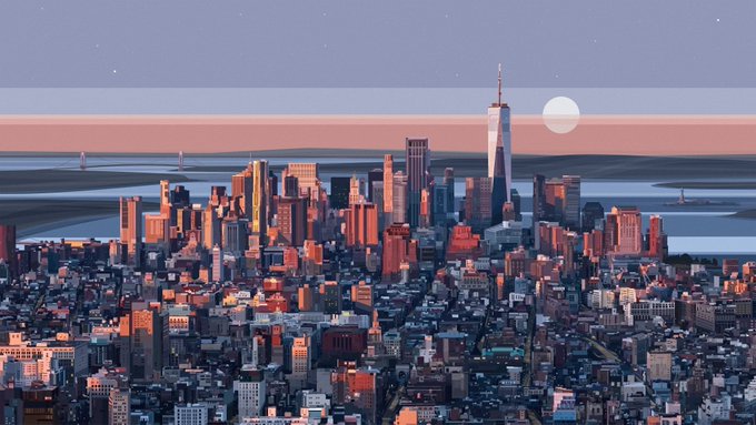 An aerial cityscape view at sunset or sunrise shows a skyline with the One World Trade Center prominently featured, alongside a full moon in the sky.