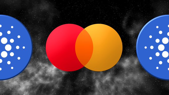 The image displays the Mastercard logo (red and yellow overlapping circles) centered between two Cardano logos against a starry space background. This visually represents the post's message that Cardano Foundation has joined the x402 Foundation alongside major payment networks like Mastercard, positioning $ADA for integration into agentic payment systems.