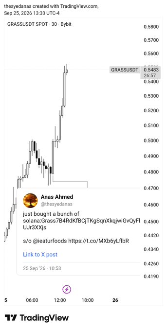 A TradingView 30-minute chart of GRASSUSDT on Bybit shows the token's price surging from around $0.4800 to $0.5483 on September 25, 2026, accompanied by an embedded tweet from @thesyedanas announcing a meme coin purchase of "$olana/Grass/B4RdKfBCjTKgSqnXkqjwiGvQyFIUJr3XXjs," aligning with the post's claim of the token already being up over 10% and predicting a strong October for $grass.