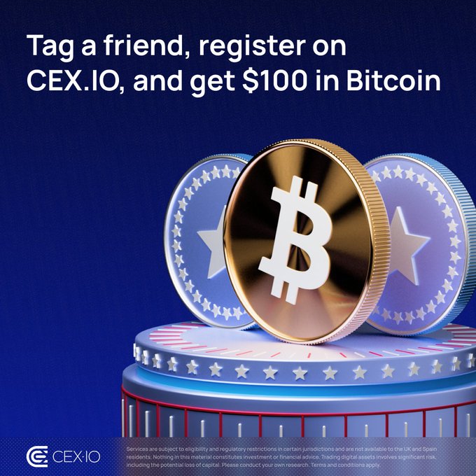 A CEX.IO promotional image featuring a golden Bitcoin coin flanked by two silver star-emblazoned coins on a casino-style roulette podium, with text reading "Tag a friend, register on CEX.IO, and get $100 in Bitcoin," directly matching the post's $100 BTC signup offer for new U.S. users.