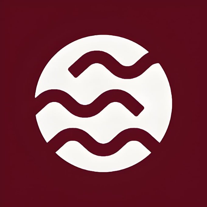 A circular logo with wave-like shapes in cream/beige against a dark maroon background.