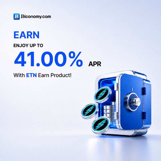 A promotional image for Biconomy.com advertising an ETN Earn Product offering up to 41.00% APR, featuring a blue safe with cryptocurrency coins.